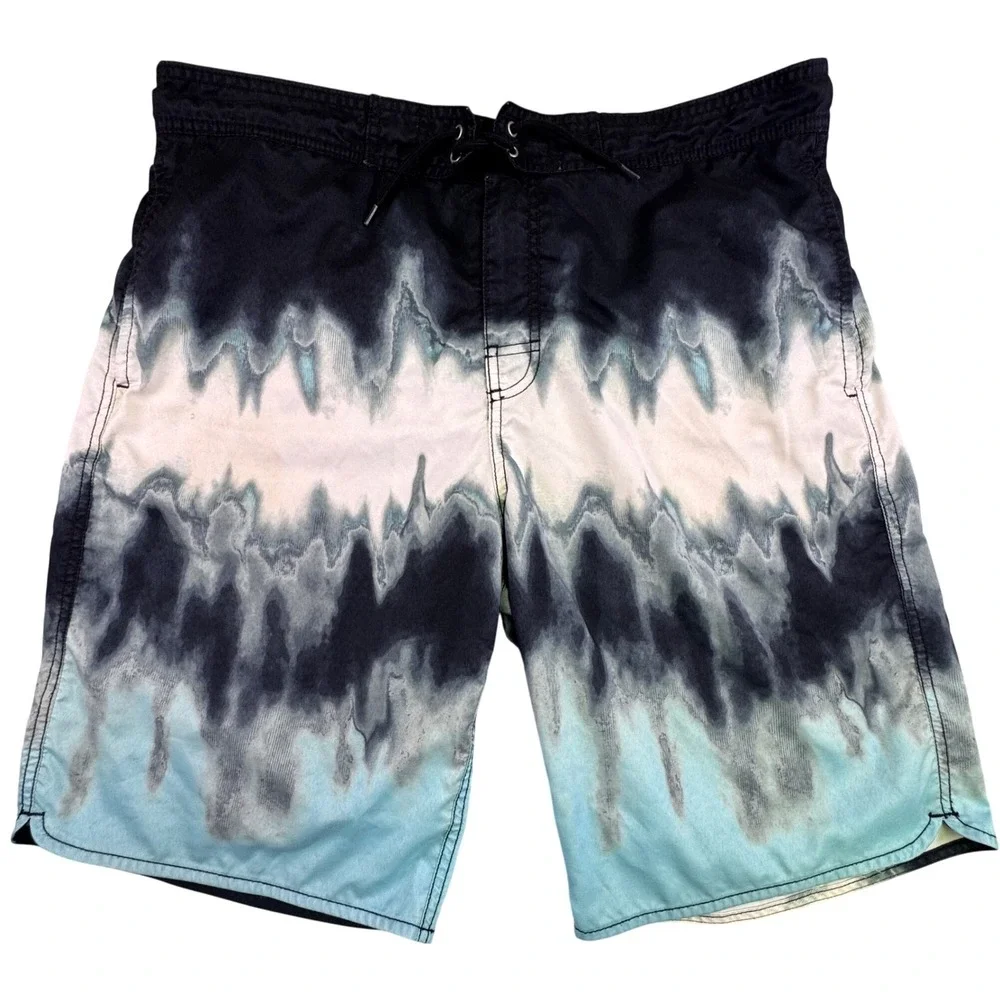 Roundtree &‎ Yorke Men's Large Swim Trunks Blue Black Tie Dye Ombre Board Shorts